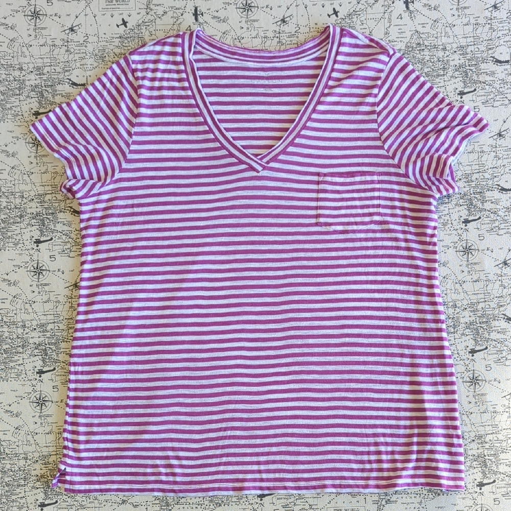Plus Size XXL Caslon Pink and White Striped V-Neck Tee